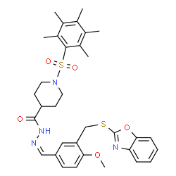 4-Piperidinecarboxylicacid,1-[(pentamethylphenyl)sulfonyl]-,[[3-[(2-benzoxazolylthio)methyl]-4-methoxyphenyl]methylene]hydrazide(9CI) structure