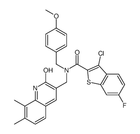 Benzo[b]thiophene-2-carboxamide, 3-chloro-N-[(1,2-dihydro-7,8-dimethyl-2-oxo-3-quinolinyl)methyl]-6-fluoro-N-[(4-methoxyphenyl)methyl]- (9CI)结构式