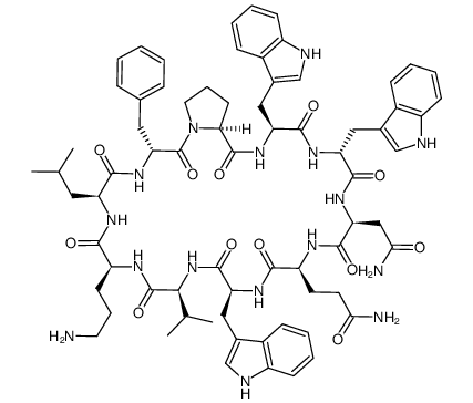 Cyclo(L-Asn-L-Gln-L-Trp-L-Val-L-Orn-L-Leu-D-Phe-L-Pro-L-Trp-L-Trp-)结构式