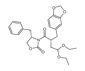 (S)-3-((R)-2-(benzo[d][1,3]dioxol-5-ylmethyl)-4,4-diethoxybutanoyl)-4-benzyloxazolidin-2-one结构式