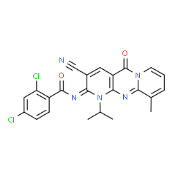 2,4-dichloro-N-(3-cyano-1-isopropyl-10-methyl-5-oxo-1,5-dihydro-2H-dipyrido[1,2-a:2,3-d]pyrimidin-2-ylidene)benzamide结构式