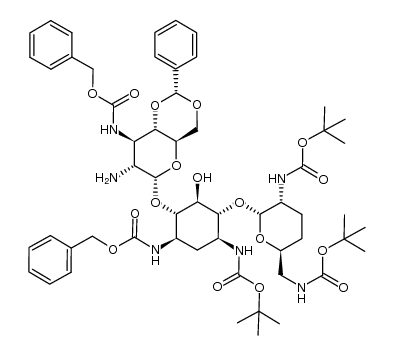 2''-amino-4'',6''-O-benzylidene-1,3''-bis(N-benzyloxycarbonyl)-3,2',6'-tris(N-tert-butoxycarbonyl)-2''-deoxydibekacin Structure