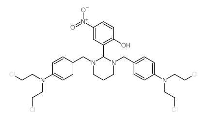 Phenol,2-[1,3-bis[[4-[bis(2-chloroethyl)amino]phenyl]methyl]hexahydro-2-pyrimidinyl]-4-nitro- Structure