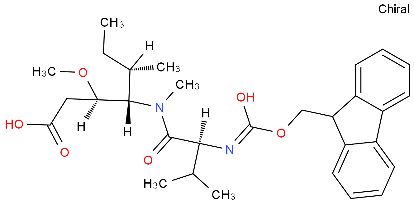 Heptanoic acid, 4-[[(2S)-2-[[(9H-fluoren-9-ylmethoxy)carbonyl]amino]-3-methyl-1-oxobutyl]methylamino]-3-methoxy-5-methyl-, (3R,4S,5S)-结构式