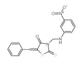 5-benzylidene-3-(((3-nitrophenyl)amino)methyl)-2-thioxo-1,3-thiazolidin-4-one (en)4-Thiazolidinone, 3-[[(3-nitrophenyl)amino]methyl]-5-(phenylmethylene)-2-thioxo- (en)结构式