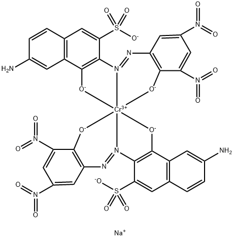 trisodium bis[6-amino-4-hydroxy-3-[(2-hydroxy-3,5-dinitrophenyl)azo]naphthalene-2-sulphonato(3-)]chromate(3-) structure