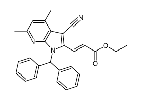 ethyl (2E)-3-(1-benzhydryl-3-cyano-4,6-dimethyl-1H-pyrrolo[2,3-b]pyridin-2-yl)propenoate结构式