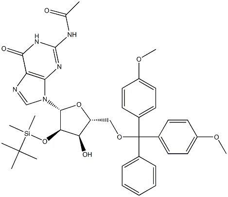 N-乙酰基-5'-O-[二(4-甲氧基苯基)苯基甲基]-2'-O-[(叔丁基)二甲基硅烷基]鸟苷结构式