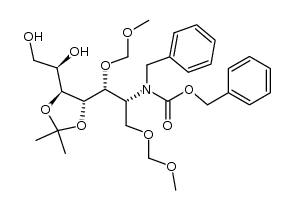 benzyl benzyl((5R,6R)-5-((4S,5S)-5-((R)-1,2-dihydroxyethyl)-2,2-dimethyl-1,3-dioxolan-4-yl)-2,4,8,10-tetraoxaundecan-6-yl)carbamate Structure