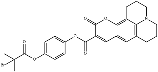 10-Oxo-2,3,5,6-tetrahydro-1H,4H,10H-11-oxa-3a-aza-benzo[de]anthracene-9-carboxylic acid 4-(2-bromo-2-methyl-propionyloxy)-phenyl ester结构式