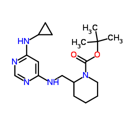 tert-butyl 2-(((6-(cyclopropylamino)pyrimidin-4-yl)amino)methyl)piperidine-1-carboxylate structure