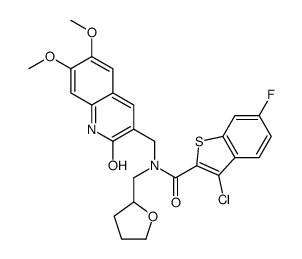 Benzo[b]thiophene-2-carboxamide, 3-chloro-N-[(1,2-dihydro-6,7-dimethoxy-2-oxo-3-quinolinyl)methyl]-6-fluoro-N-[(tetrahydro-2-furanyl)methyl]- (9CI)结构式