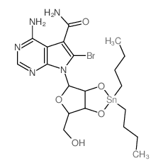 5-amino-8-bromo-9-[3,4-dihydroxy-5-(hydroxymethyl)oxolan-2-yl]-2,4,9-triazabicyclo[4.3.0]nona-1,3,5,7-tetraene-7-carboxamide; dibutyltin结构式