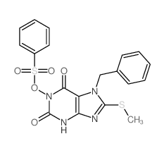 Benzenesulfonicacid,2,3,6,7-tetrahydro-8-(methylthio)-2,6-dioxo-7-(phenylmethyl)-1H-purin-1-ylester Structure