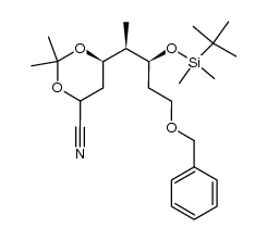 (6R)-6-[(1R,2S)-4-benzyloxy-2-(tert-butyldimethylsilanyloxy)-1-methylbutyl]-2,2-dimethyl-[1,3]dioxane-4-carbonitrile结构式