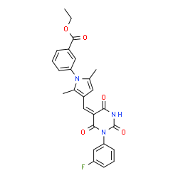 ethyl 3-(3-{(E)-[1-(3-fluorophenyl)-2,4,6-trioxotetrahydropyrimidin-5(2H)-ylidene]methyl}-2,5-dimethyl-1H-pyrrol-1-yl)benzoate structure