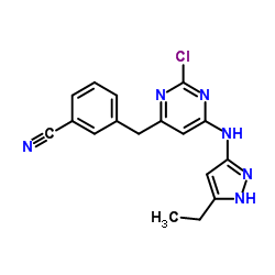 3-({2-Chloro-6-[(5-ethyl-1H-pyrazol-3-yl)amino]-4-pyrimidinyl}methyl)benzonitrile Structure