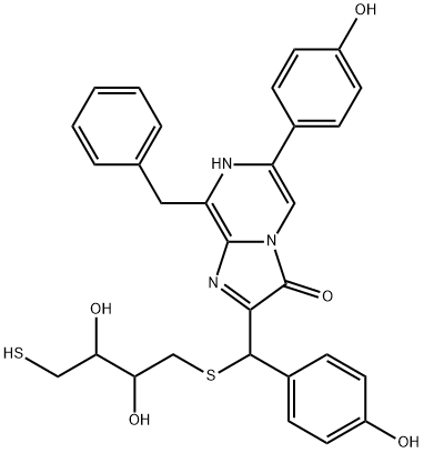 Imidazo[1,2-a]pyrazin-3(7H)-one,2-[[(2,3-dihydroxy-4-mercaptobutyl)thio](4-hydroxyphenyl)methyl]-6-(4-hydroxyphenyl)-8-(phenylmethyl)- Structure