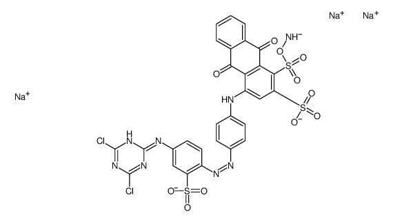 trisodium 1-amino-4-[[4-[[4-[(4,6-dichloro-1,3,5-triazin-2-yl)amino]-2-sulphonatophenyl]azo]phenyl]amino-9,10-dihydro-9,10-dioxoanthracenedisulphonate structure