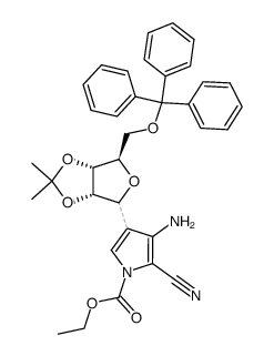 ethyl 3-amino-2-cyano-4-((3aS,6R,6aR)-2,2-dimethyl-6-((trityloxy)methyl)tetrahydrofuro[3,4-d][1,3]dioxol-4-yl)-1H-pyrrole-1-carboxylate Structure