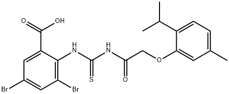 3,5-dibromo-2-[[[[[5-methyl-2-(1-methylethyl)phenoxy]acetyl]amino]thioxomethyl]amino]-benzoic acid structure