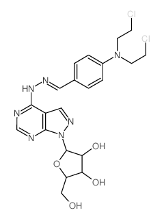 2-[5-[2-[[4-[bis(2-chloroethyl)amino]phenyl]methylidene]hydrazinyl]-2,4,8,9-tetrazabicyclo[4.3.0]nona-1,3,5,7-tetraen-9-yl]-5-(hydroxymethyl)oxolane-3,4-diol structure