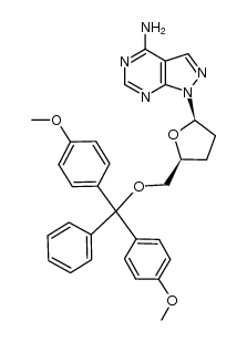 4-amino-1-(2,3-dideoxy-β-D-glycero-pentofuranosyl)-5'-O-(4,4'-dimethoxytriphenylmethyl)-1H-pyrazolo[3,4-d]pyrimidine结构式