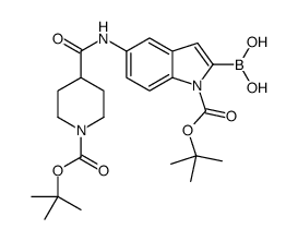 2-硼-5-[[[1-[(1,1-二甲基乙氧基)羰基]-4-哌啶基]羰基]氨基]-1H-吲哚-1-羧酸-1-(1,1-二甲基乙基)酯结构式