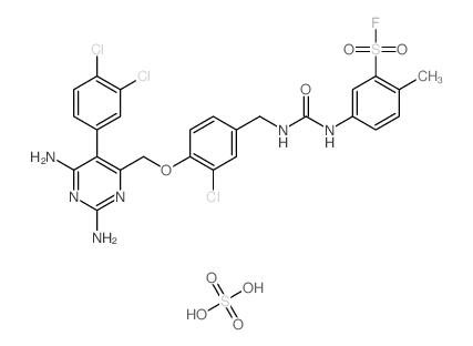 5-[[3-chloro-4-[[2,6-diamino-5-(3,4-dichlorophenyl)pyrimidin-4-yl]methoxy]phenyl]methylcarbamoylamino]-2-methyl-benzenesulfonyl fluoride; sulfuric acid structure