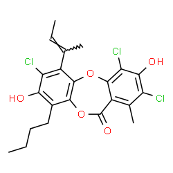 9-Butyl-2,4,7-trichloro-3,8-dihydroxy-1-methyl-6-(1-methyl-1-propenyl)-11H-dibenzo[b,e][1,4]dioxepin-11-one结构式