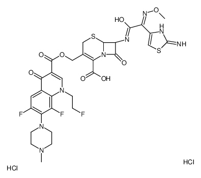 (6R,7R)-7-[[(2Z)-2-(2-amino-1,3-thiazol-4-yl)-2-methoxyiminoacetyl]amino]-3-[[6,8-difluoro-1-(2-fluoroethyl)-7-(4-methylpiperazin-1-yl)-4-oxoquinoline-3-carbonyl]oxymethyl]-8-oxo-5-thia-1-azabicyclo[4.2.0]oct-2-ene-2-carboxylic acid,dihydrochloride结构式