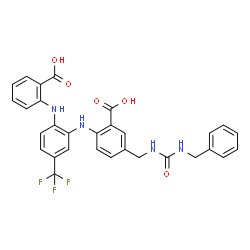 Benzoic acid,2-[[2-[(2-carboxyphenyl)amino]-5-(trifluoromethyl)phenyl]amino]-5-[[[[(phenylmethyl)amino]carbonyl]amino]methyl]- structure