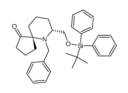 (5R,7R)-6-Benzyl-7-(tert-butyl-diphenyl-silanyloxymethyl)-6-aza-spiro[4.5]decan-1-one结构式