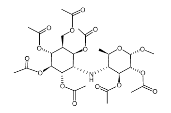 methyl 4,6-dideoxy-4-[(1S)-(1,2,4/3,5,6)-2,3,4,6-tetrahydroxy-5-hydroxymethyl-1-cyclohexylamino]-α-D-glucopyranoside hepta-acetate结构式