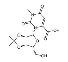 3-(O2,O3-isopropylidene-β-D-ribofuranosyl)-1-methyl-2,6-dioxo-1,2,3,6-tetrahydro-pyrimidine-4-carboxylic acid结构式