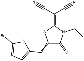 2-(5-((5-bromothiophen-2-yl)methylene)-3-ethyl-4-oxothiazolidin-2-ylidene)malononitrile structure