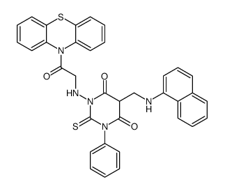 5-[(naphthalen-1-ylamino)methyl]-1-[(2-oxo-2-phenothiazin-10-ylethyl)amino]-3-phenyl-2-sulfanylidene-1,3-diazinane-4,6-dione结构式