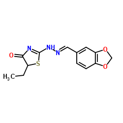 2-[(2E)-2-(1,3-Benzodioxol-5-ylmethylene)hydrazino]-5-ethyl-1,3-thiazol-4(5H)-one结构式