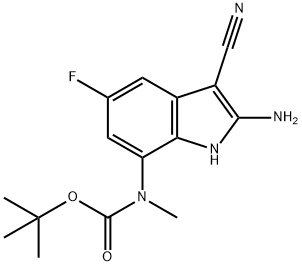 tert-butyl 2-amino-3-cyano-5-fluoro-1H-indol-7-yl(methyl)carbamate结构式