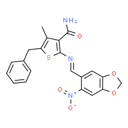5-benzyl-4-methyl-2-{[(6-nitro-1,3-benzodioxol-5-yl)methylene]amino}-3-thiophenecarboxamide structure