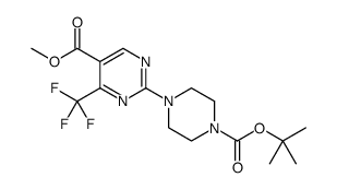 5-Pyrimidinecarboxylic acid, 2-[4-[(1,1-dimethylethoxy)carbonyl]-1-piperazinyl]-4-(trifluoromethyl)-, methyl ester结构式