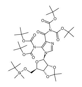 5-[N,N-di(tert-butoxycarbonyl)]amino-1-(5-O-tert-butyldimethylsilyl-2,3-O-isopropylidene-β-D-ribofuranosyl)imidazole-4-[N,N-di(tert-butoxycarbonyl)]carboxamide结构式