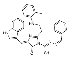 1H-Imidazole-1-carbothioic acid, 4,5-dihydro-4-(1H-indol-3-ylmethylene )-2-(2-((2-methylphenyl)amino)ethyl)-5-oxo-, (phenylmethylene)hydrazid e结构式
