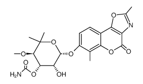 7-(O3-carbamoyl-5,O4-dimethyl-β-L-lyxo-6-deoxy-hexopyranosyloxy)-2,6-dimethyl-chromeno[3,4-d]oxazol-4-one结构式