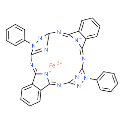 [8,20-dihydro-8,20-diphenyl-5,24:12,17-diimino-7,10:22,19-dinitrilodibenz[f,p][1,2,4,9,11,12,14,19]octaazacycloicosinato(2-)-N25,N26,N27,N28]iron Structure