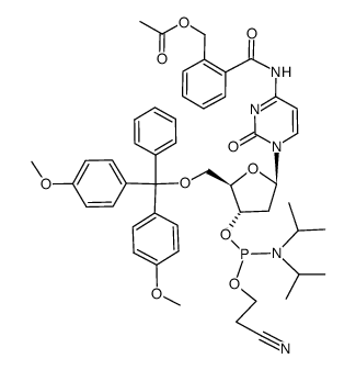 2-((1-((2R,4S,5R)-5-((bis(4-methoxyphenyl)(phenyl)methoxy)methyl)-4-(((2-cyanoethoxy)(diisopropylamino)phosphanyl)oxy)tetrahydrofuran-2-yl)-2-oxo-1,2-dihydropyrimidin-4-yl)carbamoyl)benzyl acetate结构式