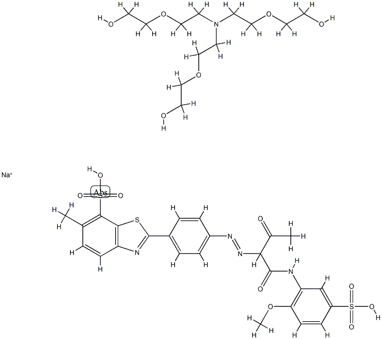 2-[4-[[1-[[(2-甲氧基-5-磺苯基)氨基]羰基]-2-氧代丙基]偶氮]苯基]-6-甲基-7-苯并噻唑磺酸钠盐与2,2',2''-[次氮基三(2,1-乙二基氧)]三(乙醇)的化合物结构式