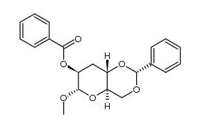 methyl-[O2-benzoyl-O4,O6-((R)-benzylidene)-α-D-arabino-3-deoxy-hexopyranoside]结构式