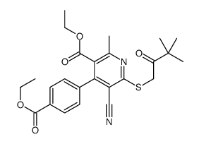 ethyl 5-cyano-6-(3,3-dimethyl-2-oxobutyl)sulfanyl-4-(4-ethoxycarbonylphenyl)-2-methylpyridine-3-carboxylate结构式