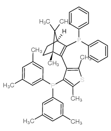 (+)-{4-[(1R,4S)-3-(二苯基膦基)-1,7,7-三甲基二环[2.2.1]庚-2-烯-2-基]-2,5-二甲基-3-噻吩并-3-基}二(3,5-二甲基苯基)膦结构式